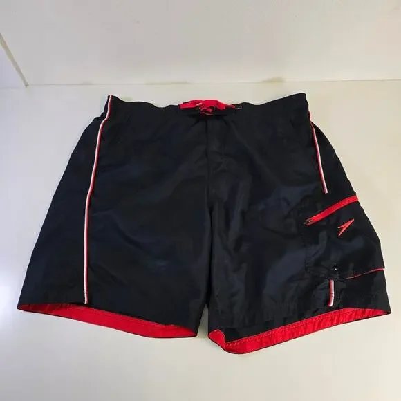 Speedo Black Red Swim Shorts Zipper Side Pocket size X-Large - Picture 1 of 9